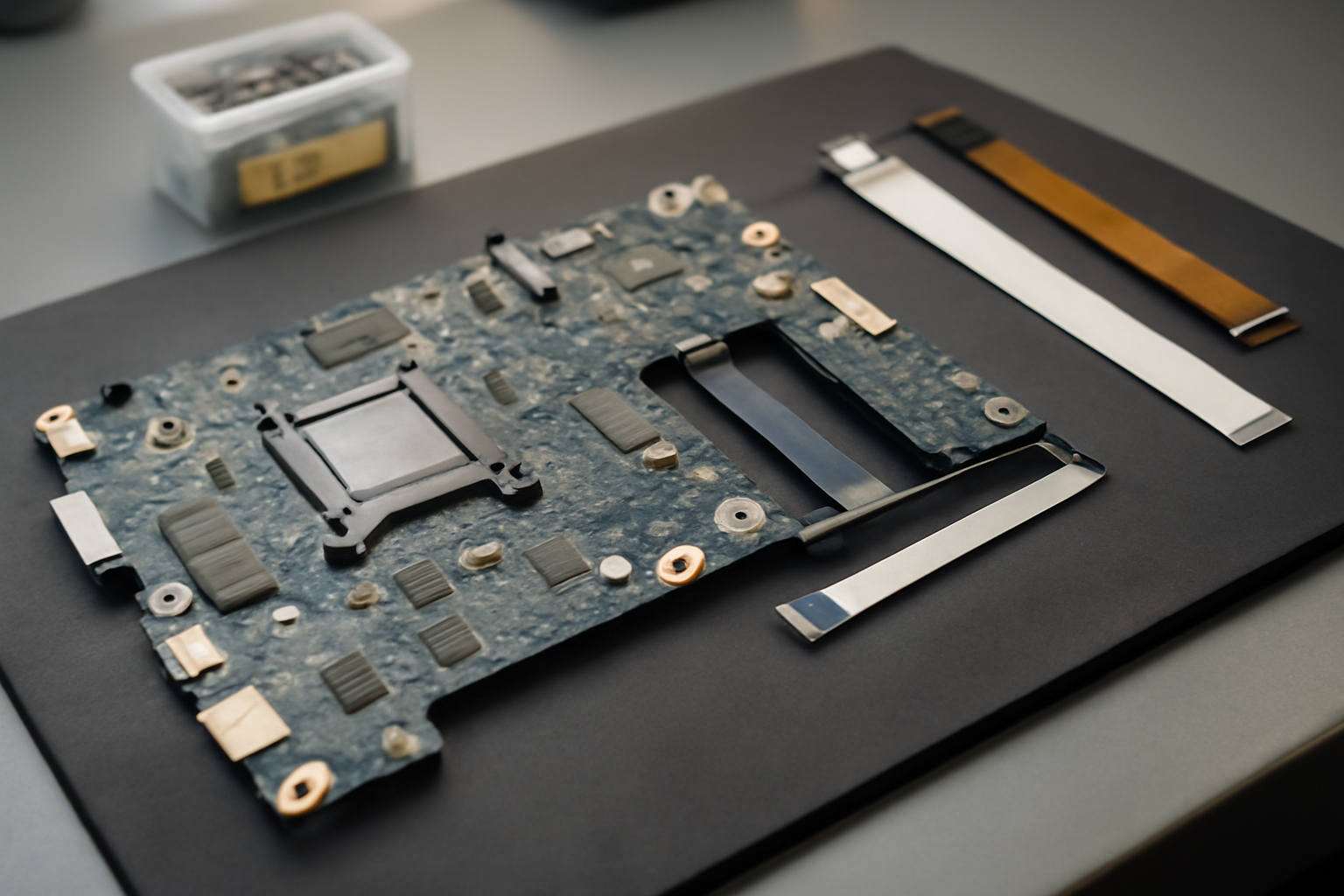vérification des connecteurs avant de changer carte mere pc portable : repérage des nappes écran et clavier sur une carte mère
