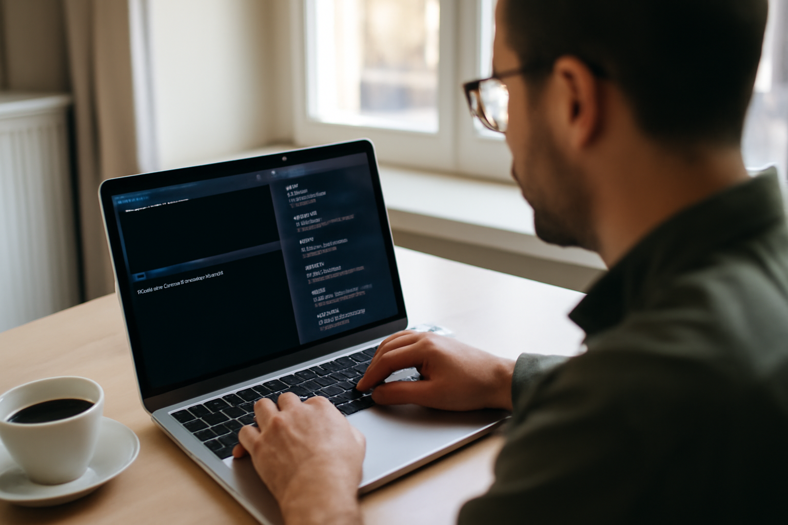 Interpréteur python affiché sur un écran de terminal, fichier main.py ouvert dans un éditeur, lumière de bureau réaliste