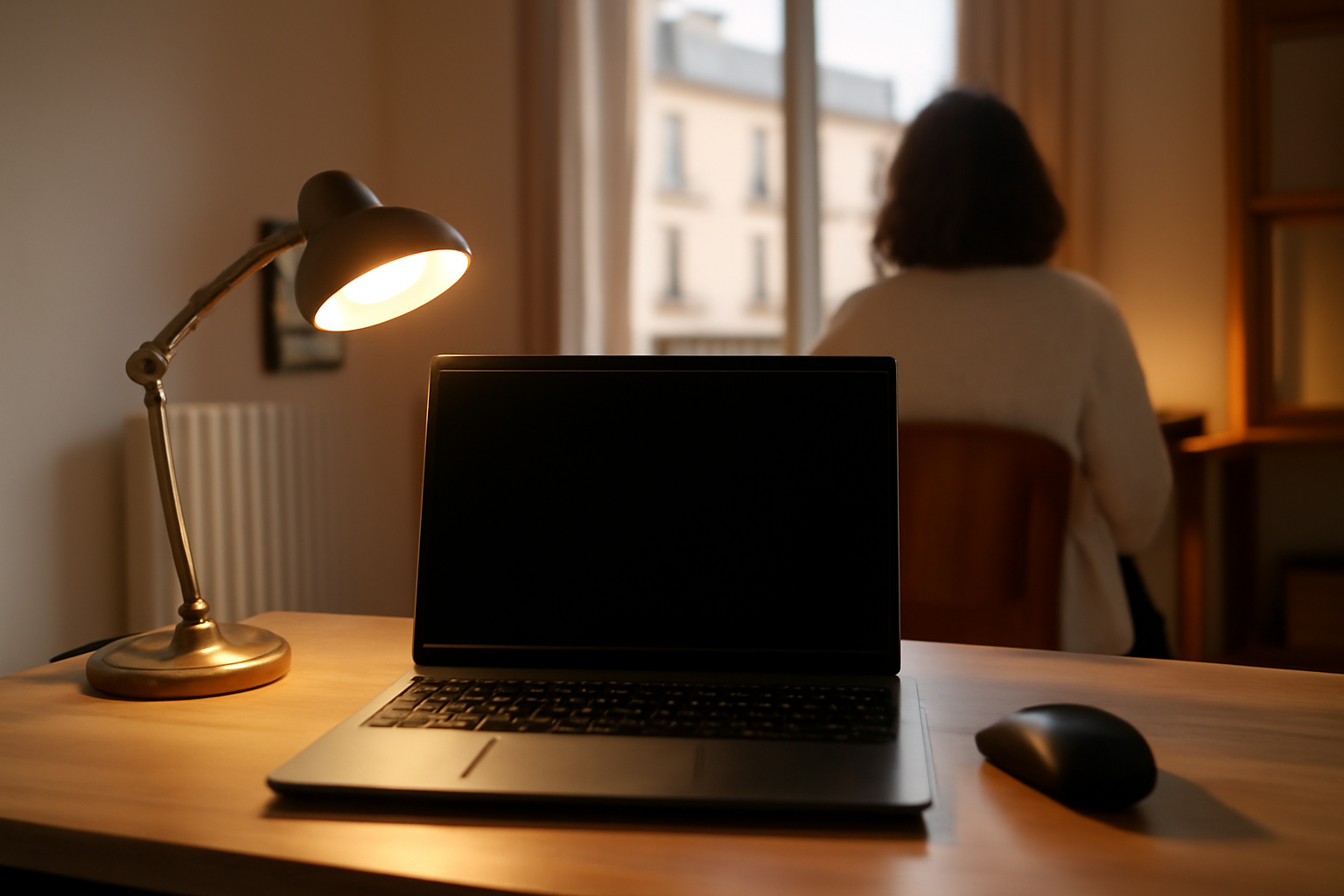 ecran noir windows 10 sur un PC portable devant un bureau, écran sombre et curseur immobile, lumière de fin d’après-midi