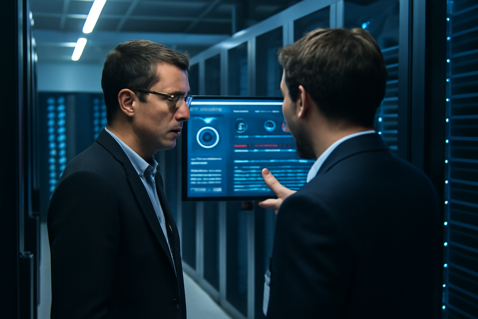 Techniciens cybersécurité analysant un tableau de bord iTrust dans une salle serveurs