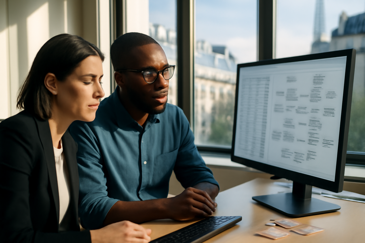 trusted data solution : équipe IT analysant des journaux d’audit sur un écran, bureau en lumière naturelle