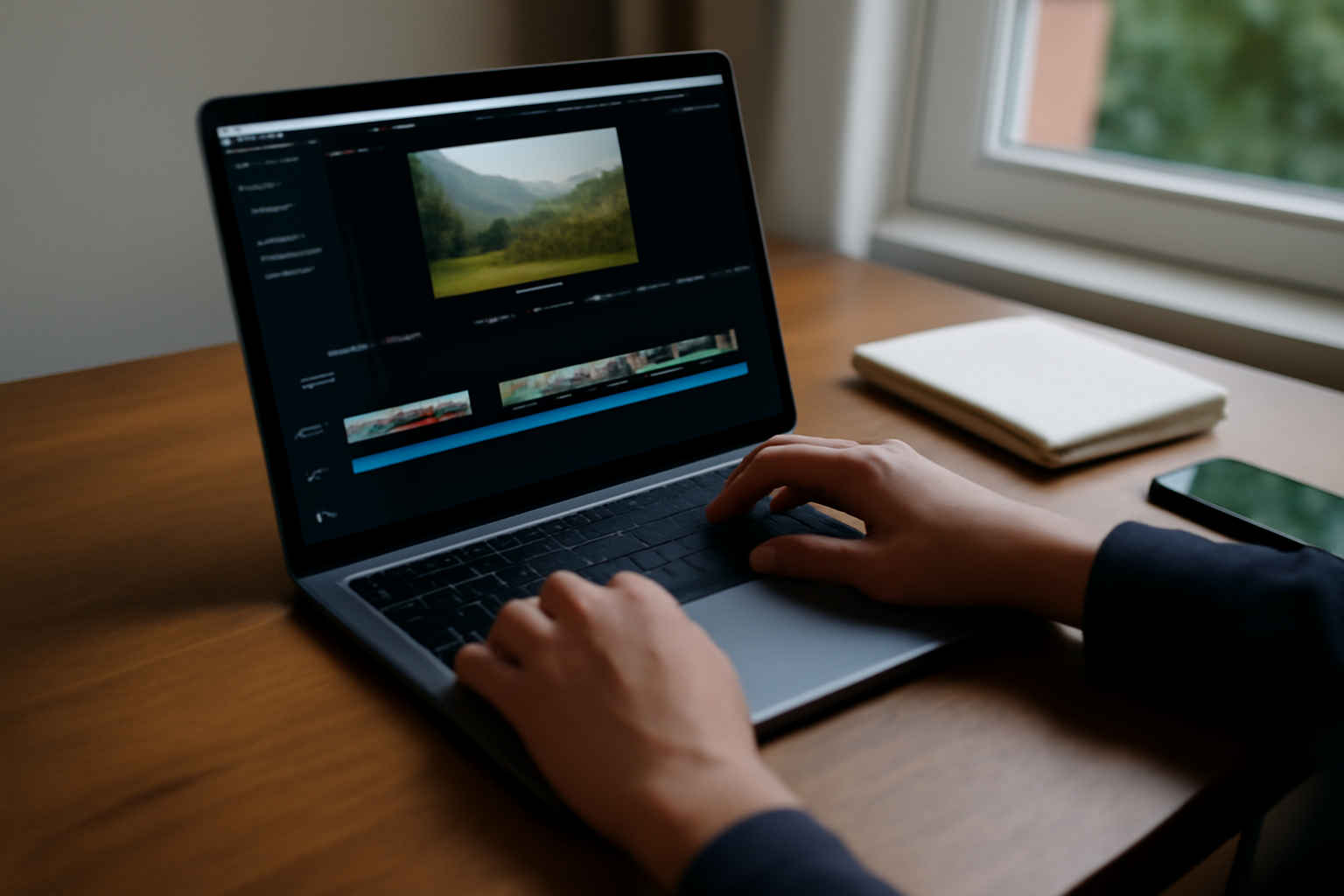 Interface de veed.io dans un navigateur, écran de montage vidéo et timeline