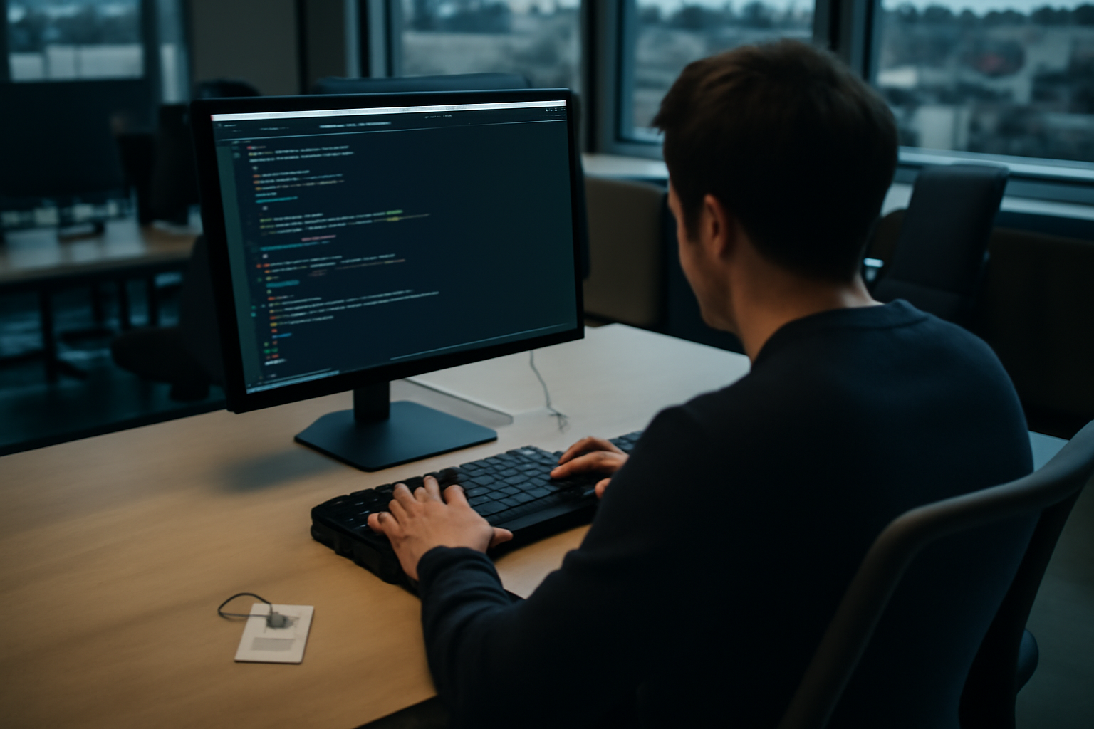 venise ai et API : développeur travaillant sur un ordinateur avec terminal, code affiché, ambiance bureau