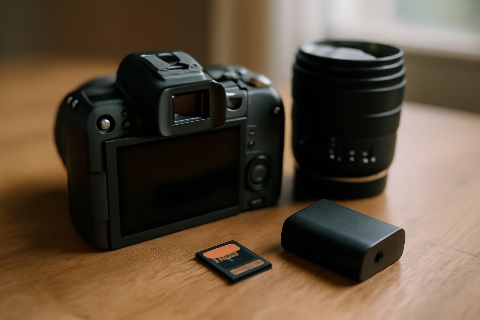 kit appareil photo débutant boîtier et objectif polyvalent sur table, accessoires photo prêts