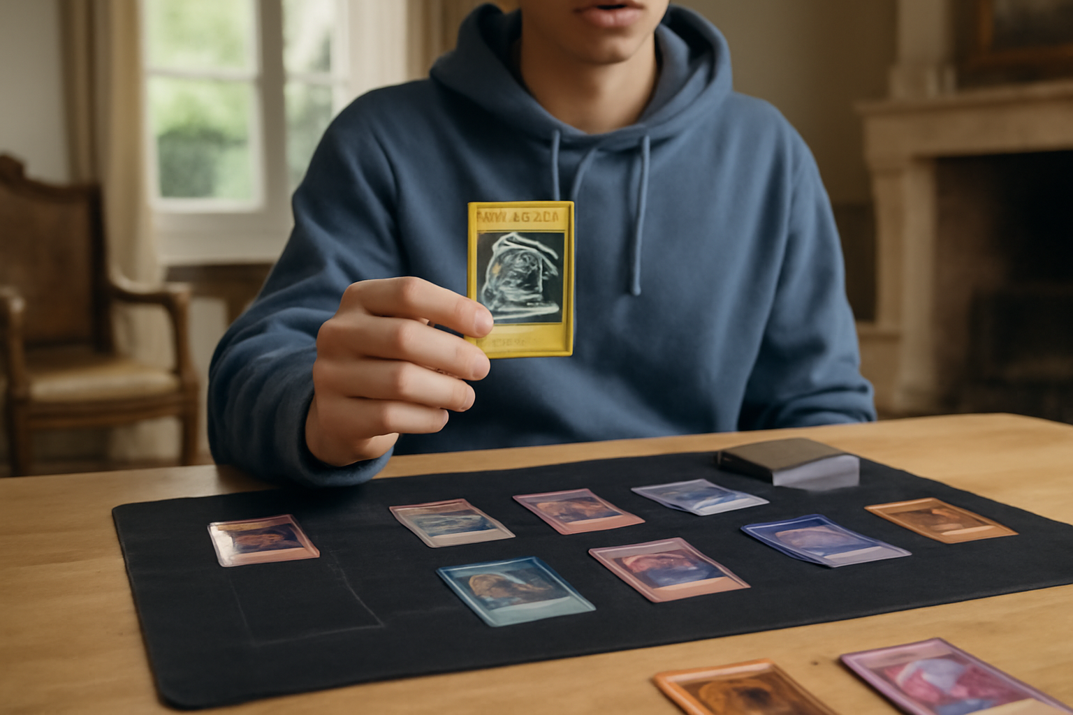 dragon blanc aux yeux bleus sur une table de duel avec cartes Yu-Gi-Oh! et dés, lumière naturelle