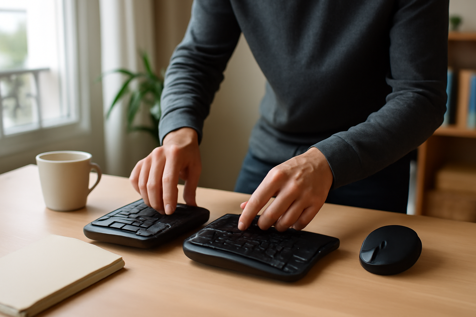 ergonomie clavier : personne au bureau ajustant hauteur et inclinaison d’un clavier ergonomique