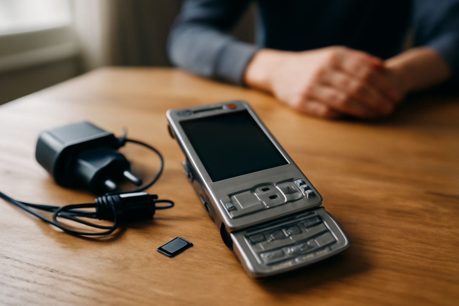 Nokia N95 avec double glissière sur une table près d’un chargeur, lumière naturelle