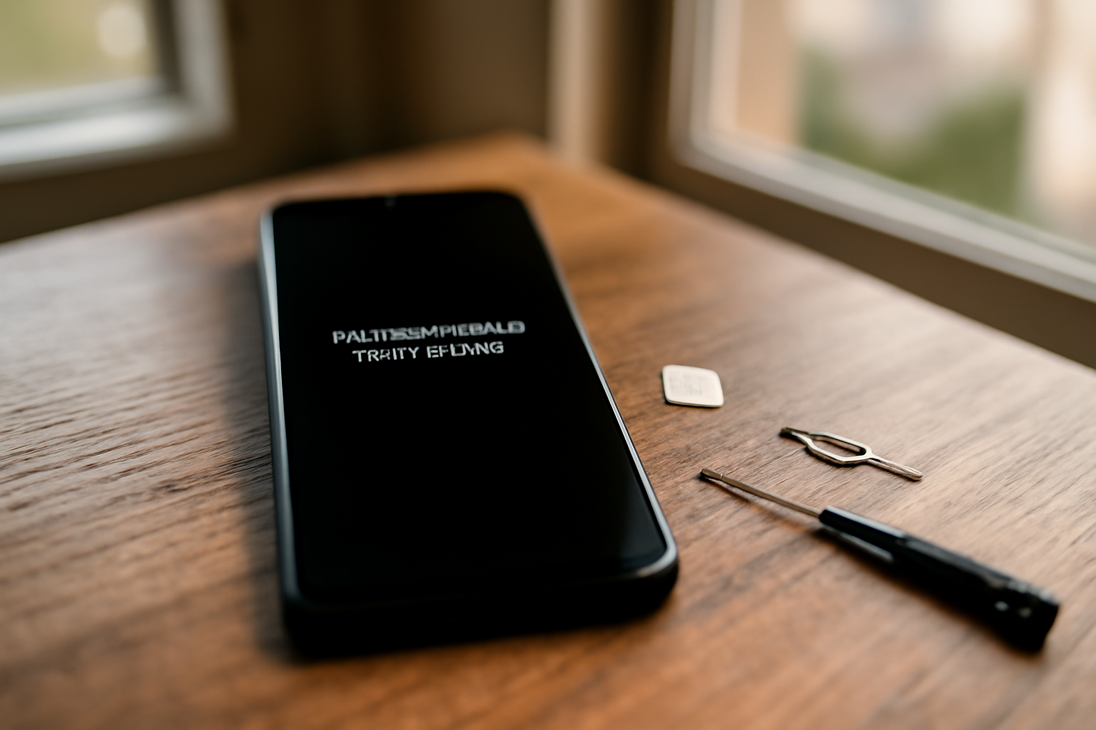 Téléphone affichant « non enregistré sur le réseau » avec carte SIM retirée sur une table près d’une fenêtre, lumière naturelle